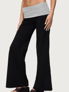 Lounge Wide Leg Sweatpants For Women Fold Over Low Waist Yoga Sweatpants Back To School Clothes Flare Leggings Bell Bottoms Y2K Foldover Pants - 黑色 - 查看 3
