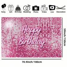 1 件 - 粉色闪光“生日快乐”霓虹背景布，由涤纶制成，以“生日快乐”文字和粉色亮片作为背景，适用于一周岁生日纪念日、主题派对的欢快氛围场景布置以及照片道具的装饰 - 粉色 - 查看 5