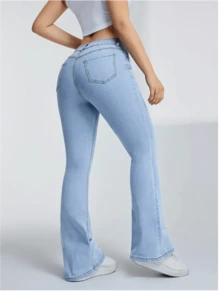 Women's Flare Bell Bottom Pants Blue Delave Body Shaping Line - 淺色水洗藍 - 查看 4