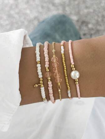 5 Stücke Perlarmreifen, einfache, modische, personalisierte Accessoires im Strandstil mit Kunststoffperlen für Frauen (sortierte Perlen, nicht fix)
