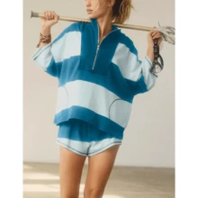 Antnation Womens Striped Two Piece Workout Set Oversized Quarter Zip Top Shorts With Pockets Outfit Tracksuit - Màu xanh lam - Xem 2