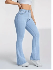 Women's Flare Bell Bottom Pants Blue Delave Body Shaping Line - 淺色水洗藍 - 查看 3