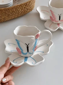 1 套手工 3D 蝴蝶与玫瑰陶瓷杯碟，法式蝴蝶玫瑰拿铁杯碟，复古下午茶甜品杯碟，适用于餐厅、客厅、咖啡厅、礼物 - 彩色 - 查看 1