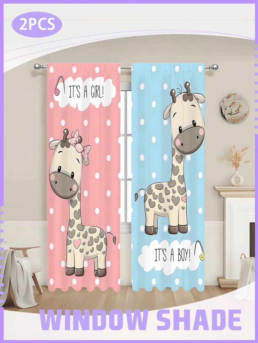 2PCSTwo Cartoon Giraffe Themed Curtains With Pink Curtains. Giraffes Wearing Pink Bows Paired With Blue Curtains. Giraffes With The Caption "IT'S A BOY!" Are Perfect For Giving GiftsPolyester Curtains For Kids Room - Soft Fabric & Easy To Clean - Multicolor - View 1