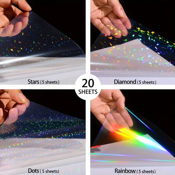 20 hojas de tamaño A4 de película de laminación en frío holográfica transparente, 8.3*11.7 pulgadas 4 estilos mixtos: diamante, arcoíris, estrellas, puntos, papel adhesivo de vinilo impermeable, útiles escolares, de vuelta a la escuela