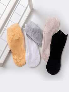 5 Pairs Women's Breathable Elastic Thin Leaf Boat Socks, Transparent Lace Invisible Socks, Lolita Style Knee-High Socks, Suitable For Outdoor Sports, Dancing, Walking, Christmas, Winter And Other Occasions - Multicolor - View 4