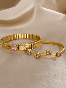 Bộ vòng tay hình trái tim lãng mạn bằng thép không gỉ mạ vàng 18K, đính đá Cubic Zirconia màu hồng, phù hợp cho nữ, có thể dùng làm quà tặng Ngày của Mẹ, Ngày Nhà giáo, phụ kiện du lịch biển mùa hè, phụ kiện phong cách Bohemian, phụ kiện dự tiệc/dạ hội/hàng ngày, quà tặng tựu trường, quà sinh nhật, quà tặng phù dâu và quà Giáng sinh. - Nhiều màu - Xem 5