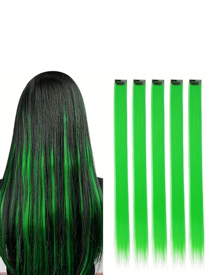 5pcs/3pcs Fashionable Vibrant Neon Green Clip-On Hair Extensions - Long Straight Synthetic Hair, Ideal For Cosplay, Halloween, Fashion Parties, Prom, And Festive Gifts, Claw Clips, Hair Claws, Clips For Hair, Hair Slide, Hair Barrettes, Halloween Accessories, Festival, Rave Accessories, Christmas Outfit For Women