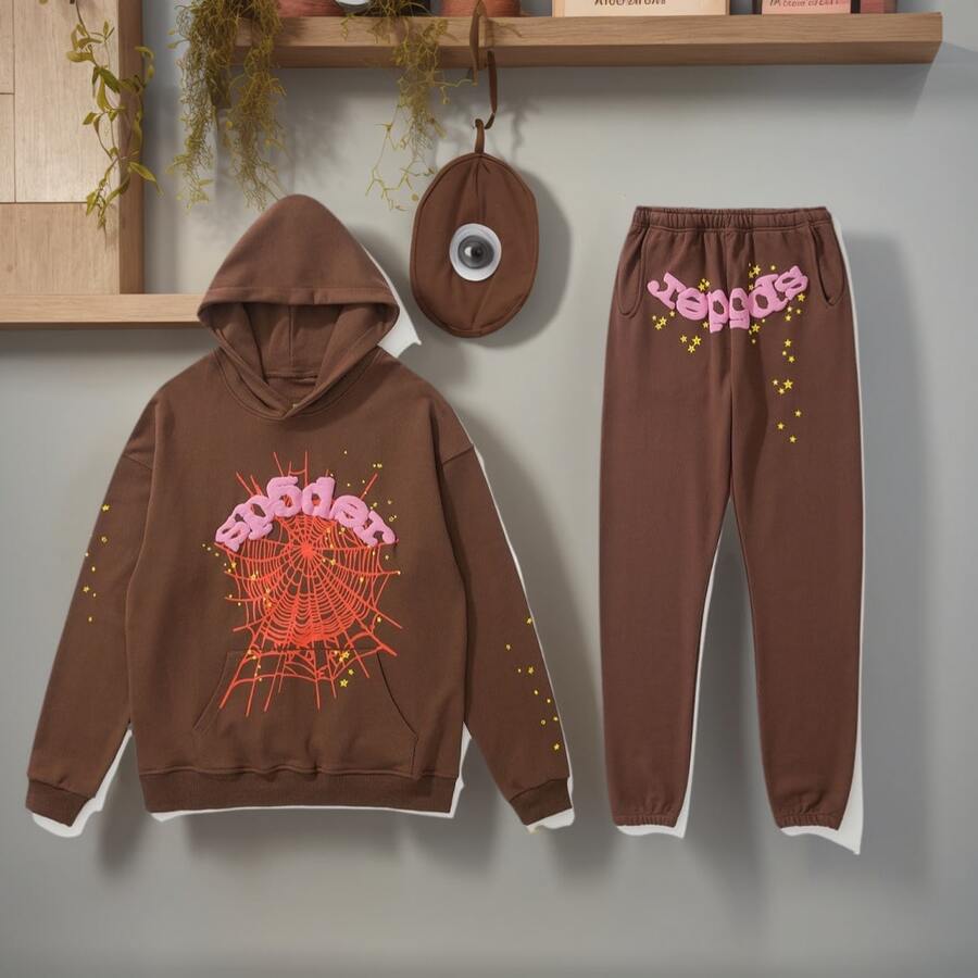 Spider Web Fashion Hip-Hop Printed Flower Hoodie, European And American  Brand Large-Sized Loose Men's And Women's Hooded Sweatshirt Set - 棕色 - 查看 1