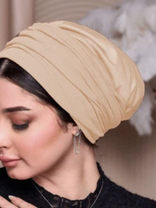 纯色简约针织头巾帽，适合女士 - 时尚棕色无檐便帽，非常适合休闲穿着，多种佩戴方式，时尚优雅，方便头巾 - 淺米色 - 查看 3