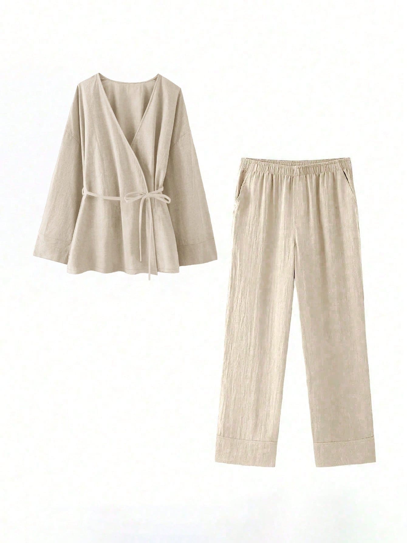 女士两件套休闲及办公装开衫和裤子套装，春夏 - 杏色 - 查看 1
