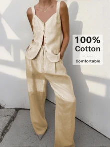 2025 Autumn Women's Understated Luxury Outfit: Inspired By Soft Pink - Sleeveless Cardigan Shirt And Wide-Leg Pants, Breathable Business Casual Linen Blend Fabric, Suitable For Holidays, Brunch, Office Style, Cruise Vacations, And An Ideal Choice For Teachers - Apricot - View 5