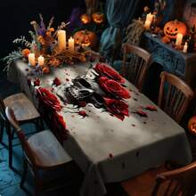 1/20 pieza Mantel con temática de Halloween - Calavera y patrón floral elegante, mantel rectangular de tela de poliéster para uso en interiores/exteriores, decoración de fiestas, almuerzos, cenas, decoración de fiesta de Halloween.
