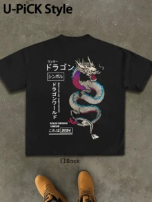 U-PICK Style - Eastern Culture Dragon Logo - Men's Pure Cotton Vintage Street-Style T-Shirt, Essential For Men, Can Be Used As A Gift - 黑色 - 查看 3
