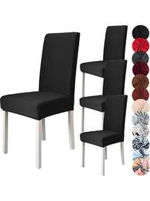 Funda Elástica 4pcs Protectora De Silla Comedor Color Sólido, Tejido de alta calidad, suave y cómodo, no plegable, sin necesidad de planchado. Fácil de limpiar. Lavable a máquina - Negro - Ver 1