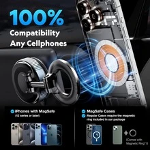 360° Rotating Magnetic Phone Holder, Aluminum Alloy Magnetic Vacuum Suction Cup Car Phone Mount,Foldable Vacuum Magnetic Phones Stand,Applicable For Cars/Gym/Mirrors/Smooth Surfaces, Comes With A Magnetic Guiding Ring,Suitable For All Phones - 黑色 - 查看 4
