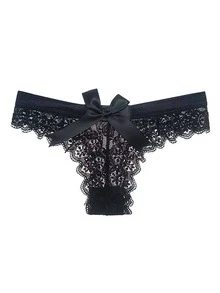 1 件黑色性感内衣蕾丝，纯真感性风格，低腰无缝女士三角透气蝴蝶结内裤 - 黑色 - 查看 3