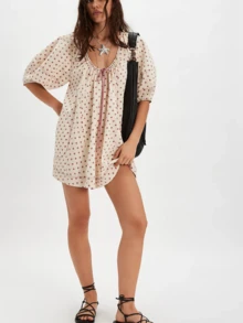 Women Short Dress Crew Neck Puffy Sleeve Drawstring Polka Dot Print A-Line Mini Dress Dailywear - 米色 - 查看 3