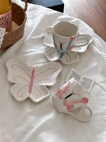 1 套手工 3D 蝴蝶与玫瑰陶瓷杯碟，法式蝴蝶玫瑰拿铁杯碟，复古下午茶甜品杯碟，适用于餐厅、客厅、咖啡厅、礼物 - 彩色 - 查看 5