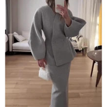 AporyDon Two Piece Set Women Outfit 2025 Autumn Fashionable Solid Color Elegant Temperament Long Sleeved Top & High Waist Long Skirt Set