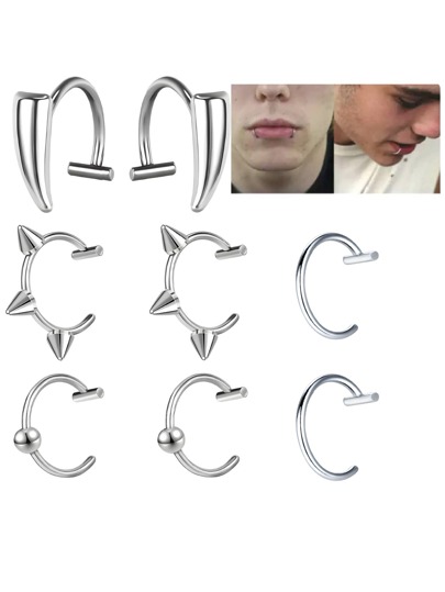 4 pares de anillos falsos de acero inoxidable para labios de mujer y hombre, anillo de dientes de vampiro, piercing falso de labio ajustable sin perforación, pendientes tipo cuff para oreja, piercing falso de septum y nariz