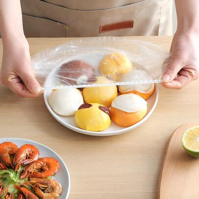 50/100/200PCS一次性保鲜膜盖，PE加厚防撕食品罩，适用于家用果盘、餐盘、碗、蔬菜、各种水果切片