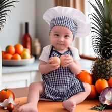 2PCS/Set Baby Chef Outfit Apron And Chef Hat Set Baby Photoshoot Props Chef Hat Apron Costume Newborn Photography Chef Costume Infant Cosplay Bakery Outfits - Navy Blue - View 1
