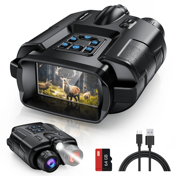 Binoculares de visión nocturna 4K - Equipados con linterna, adecuados para iluminación, iluminación adicional y señalización para ayudar en el campamento, la caza y la seguridad, binoculares de visión nocturna para adultos, pantalla grande de 3 pulgadas, zoom digital 8x, 64GB de memoria para almacenar fotos, mapas y videos, regalo único perfecto para amantes de actividades al aire libre, amantes del campamento y talla grande.