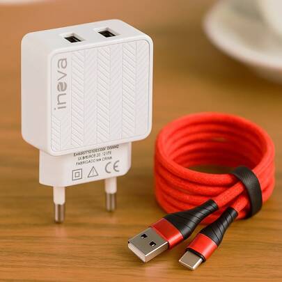 Fonte Carregador Rápido 2 USB + Cabo Reforçado em Nylon 2 Metros Tipo C