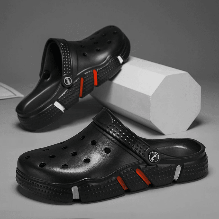 1pc Men's Summer Wooden Bottom Shoes - Durable, Slip-Resistant EVA Beach Sandals, Breathable Design, Fashion Red & White Accents