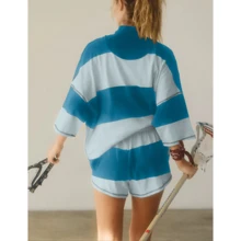 Antnation Womens Striped Two Piece Workout Set Oversized Quarter Zip Top Shorts With Pockets Outfit Tracksuit - Màu xanh lam - Xem 3