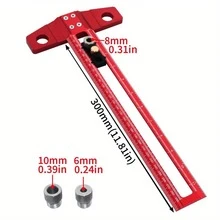 Woodworking 2 In 1 Drilling Positioning Scoring Ruler - Aluminum Alloy Scriber Marking T Square - Multifunctional Dowelling Jig With 6/8/10mm Drill Sleeves And Activity Block - Red - View 12