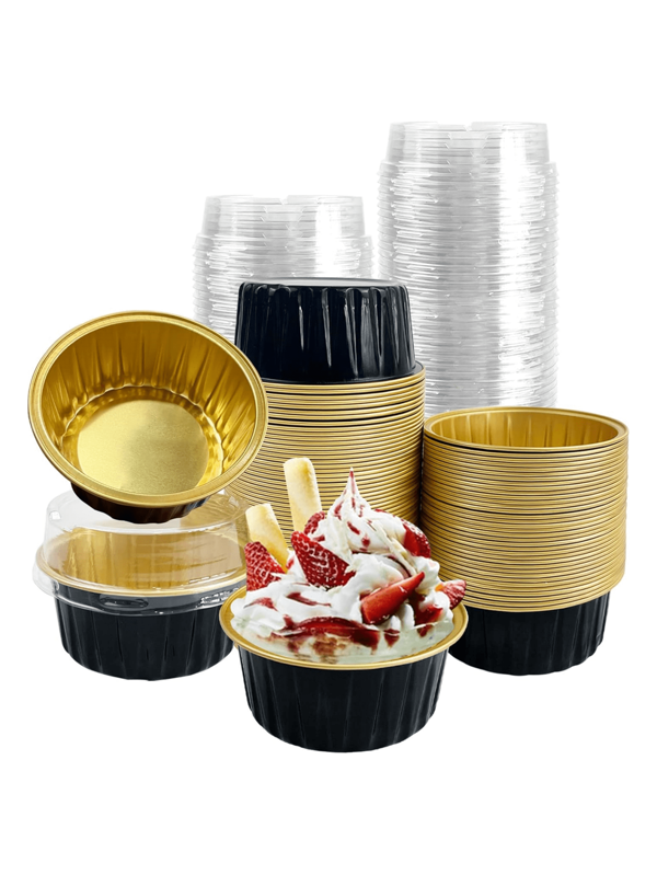 20/50 Pieces Black And Gold Aluminum Foil Baking Cups With Lids,Disposable Aluminum Foil Ramekins Muffin Tin,5oz Tin Cups Containers For Cupcake,Pudding,Muffin,Foil Ramekins For Party Birthday Wedding Valentines