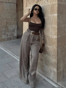 HZXVIC 女士新款高腰纯色腰带缎面纹理休闲阔腿裤，办公室 - 卡其色 - 查看 9