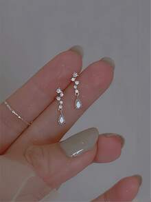 1 Pair 925 Silver Drop-Shaped Zirconia Dangle Earrings With Diamond Accents, Simple & Elegant French Style, Luxury & Personalized - Multicolor - View 2