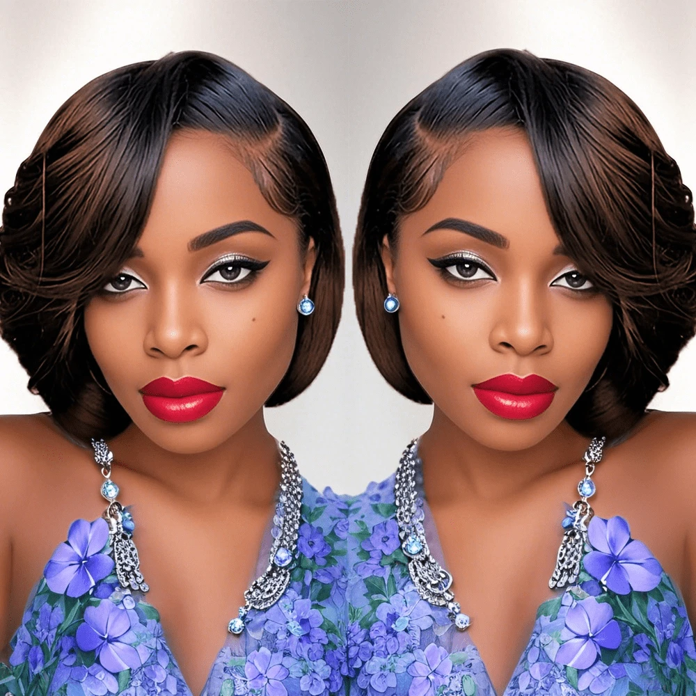 Peluca de cabello humano corta estilo bob con corte pixie recto, peluca frontal de encaje transparente de 13x4 pulgadas para mujeres, peluca con raya lateral de 8 pulgadas - S1/4 - Ver 1