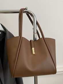 全新时尚纯色奢华感百搭女士单肩托特包 - 咖啡 - 查看 7