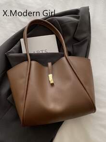 全新时尚纯色奢华感百搭女士单肩托特包 - 咖啡 - 查看 2