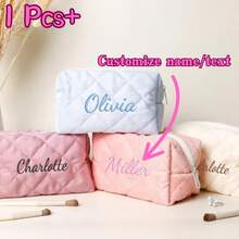 1pc Personalized Women's Name Travel Makeup Bag, Small Pink Bridesmaid Toiletry Pouch, Portable Zipper Closure, Checkered Organizer Bag For Vacation, Party, Travel, Personalized Handbag, Makeup Bag For Girls, Gift For Mom, Bestie, Bridesmaid, Secret Santa, Suitable For Birthday, Anniversary, Graduation, Back To School - Multicolor - View 2