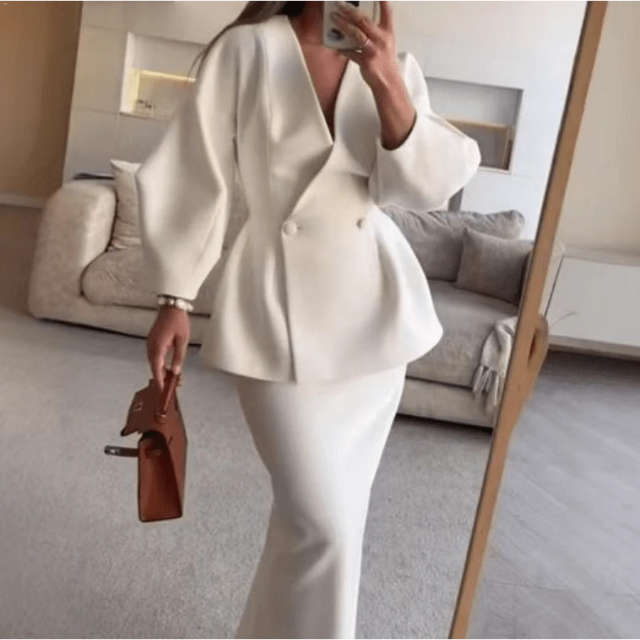 AporyDon Two Piece Set Women Outfit 2025 Autumn Fashionable Solid Color Elegant Temperament Long Sleeved Top & High Waist Long Skirt Set