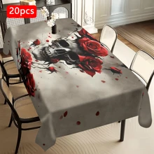 1/20 pieza Mantel con temática de Halloween - Calavera y patrón floral elegante, mantel rectangular de tela de poliéster para uso en interiores/exteriores, decoración de fiestas, almuerzos, cenas, decoración de fiesta de Halloween.
