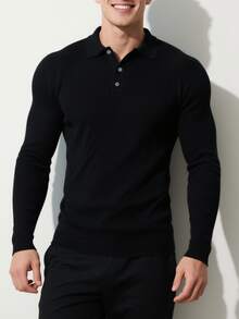 男士休闲针织Polo衫，简约风格，适合休闲和通勤，秋季长袖上衣 - 黑色 - 查看 10