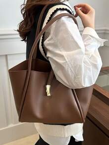 全新时尚纯色奢华感百搭女士单肩托特包 - 咖啡 - 查看 4
