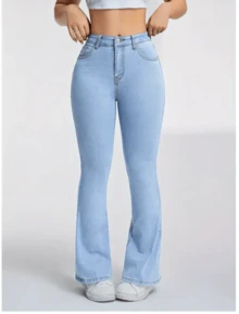 Women's Flare Bell Bottom Pants Blue Delave Body Shaping Line - 淺色水洗藍 - 查看 2