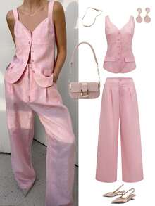 女士低调奢华两件套 | 浅粉色无袖开襟衬衫和阔腿裤 | 透气商务休闲亚麻混纺面料 | 适合度假、早午餐、办公室着装和邮轮旅行，2026春夏 - 粉色 - 查看 2