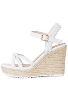 Fashionable Women's Wedge Heel Thick Soled Sandals Solid Color Woven Open Toe Metal Buckle Strap Summer Vacation Beach Shoes - trắng - Xem 8