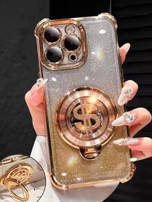 奢华电镀透明手机壳，创意美元符号支架，闪亮水钻Y2K风格，防震，新款夏季时尚硅胶软壳保护套，兼容 16/16E/15/14/13/12/11/X/XS/XR/8/7 Plus/Pro/Max/Mini，Galaxy S24/S25 Ultra，兼容小米、荣耀、Reno、MOTO Women 2025等机型。 - 香檳色 - 查看 3