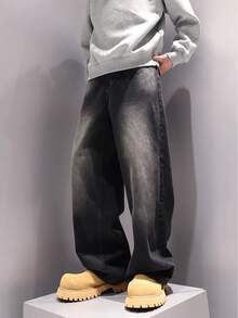 青少年男孩黑色水洗牛仔裤，秋冬休闲宽松直筒裤，适合年龄较大的青少年男孩穿着