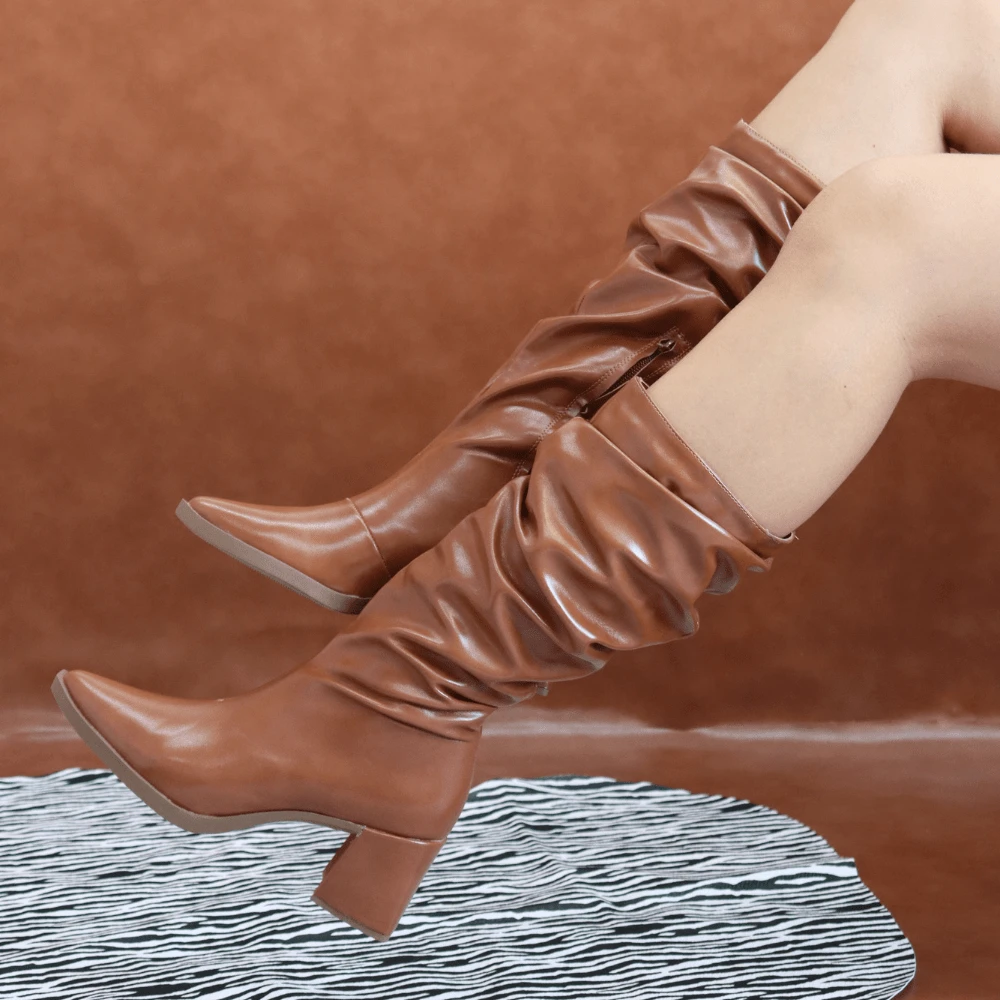 Women's Slouch Boots Pointed Toe Wrinkled Elegant Party Outdoor Wonderful New Chinese Style Back Zipper Party Holiday Outdoor - 駝色 - 查看 1