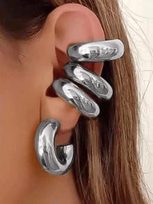 4pcs Hoop Earrings Set - Exaggerated European And American Hip Hop Style Hollow Cylinder & Tube Earrings, Non-Pierced Ear Cuff, Plated Gold - Silver - View 1